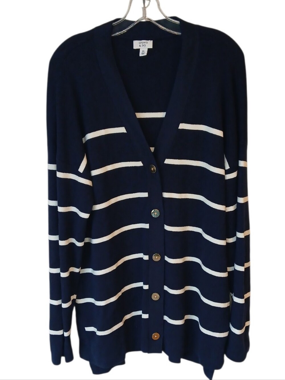 Crown & Ivy Navy and White Striped V-Neck Button Cardigan Size XL